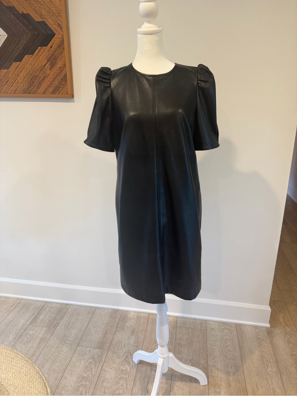 LOFT Black Faux Leather Puff Sleeve Shift Dress